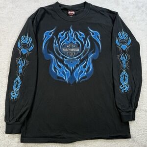 VTG Harley Davidson Shirt Mens Medium Black Blue Flame Y2K Stratman Dragon Skull